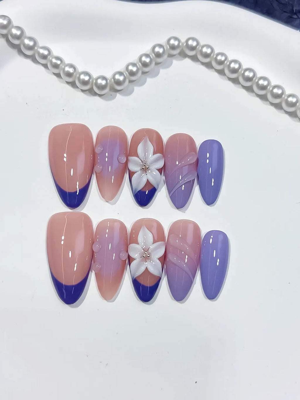 D567 - Medium Nude Purple Almond French tip Flower Shell VibeNailsLab