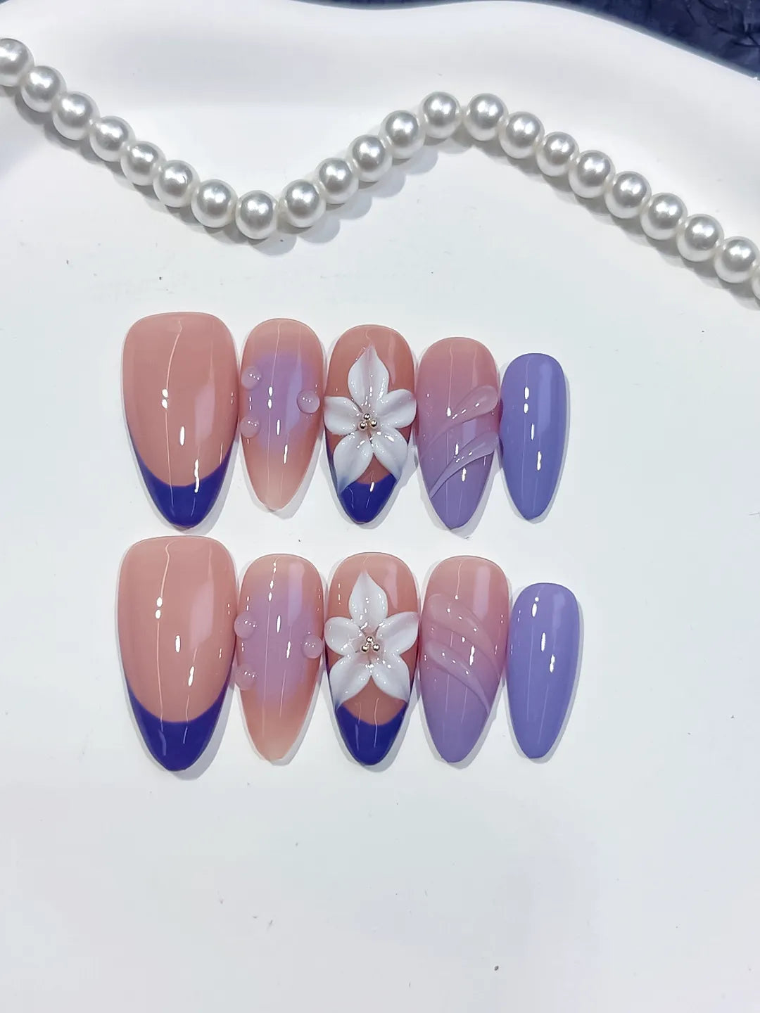 D567 - Medium Nude Purple Almond French tip Flower Shell VibeNailsLab