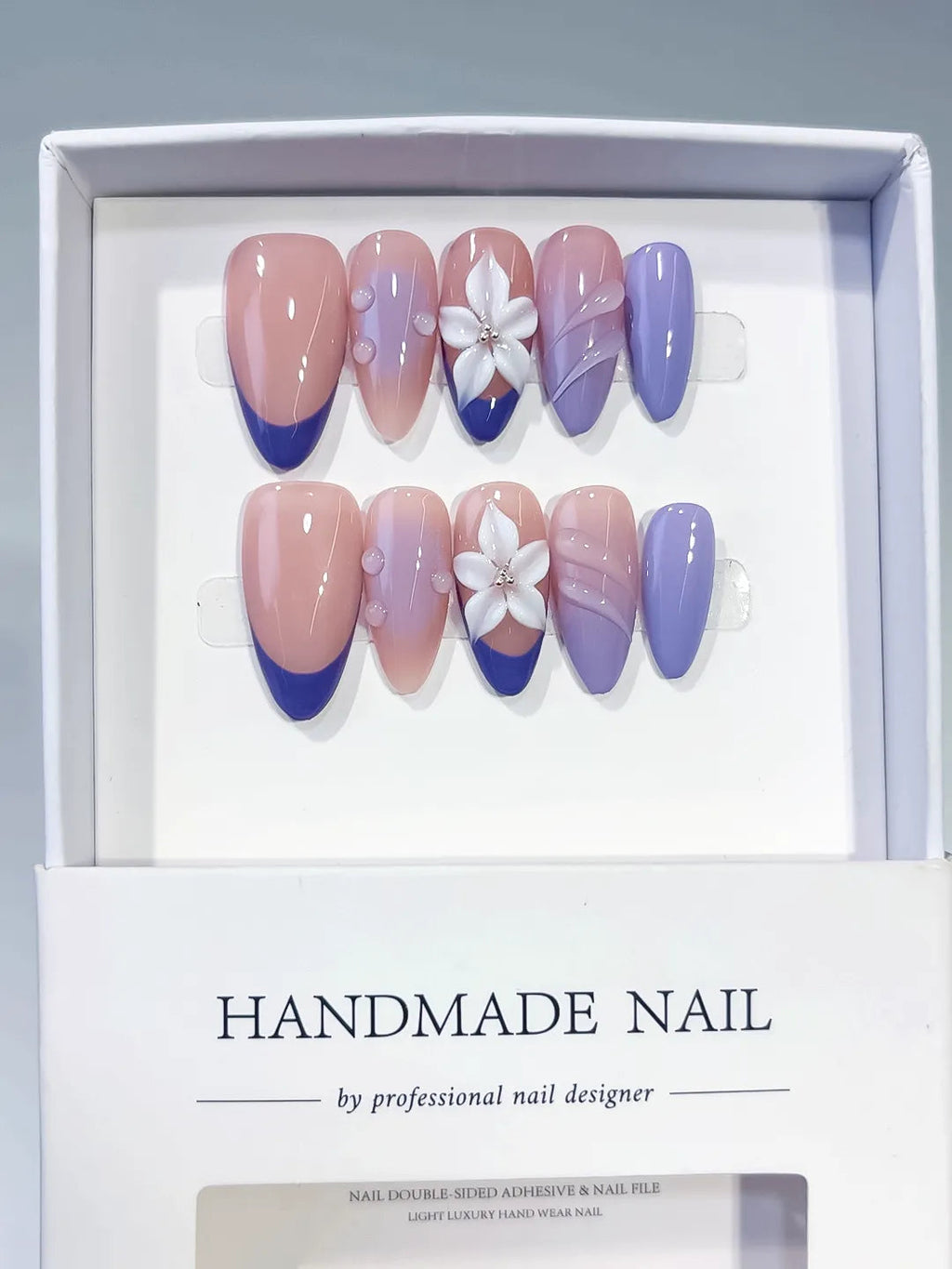 D567 - Medium Nude Purple Almond French tip Flower Shell VibeNailsLab