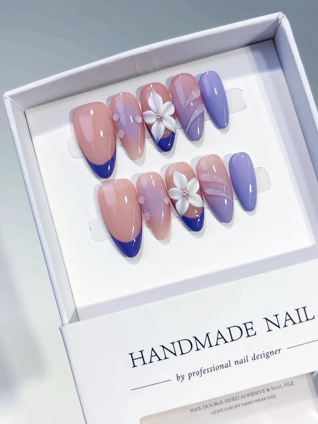 D567 - Medium Nude Purple Almond French tip Flower Shell VibeNailsLab