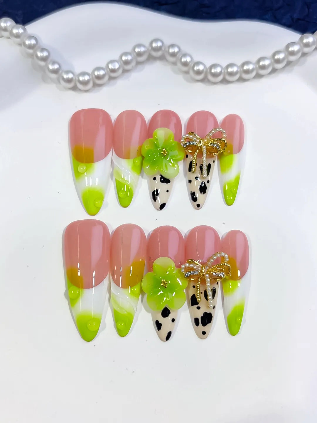 D569 - Long Nude Green Almond French tip Flower Bow