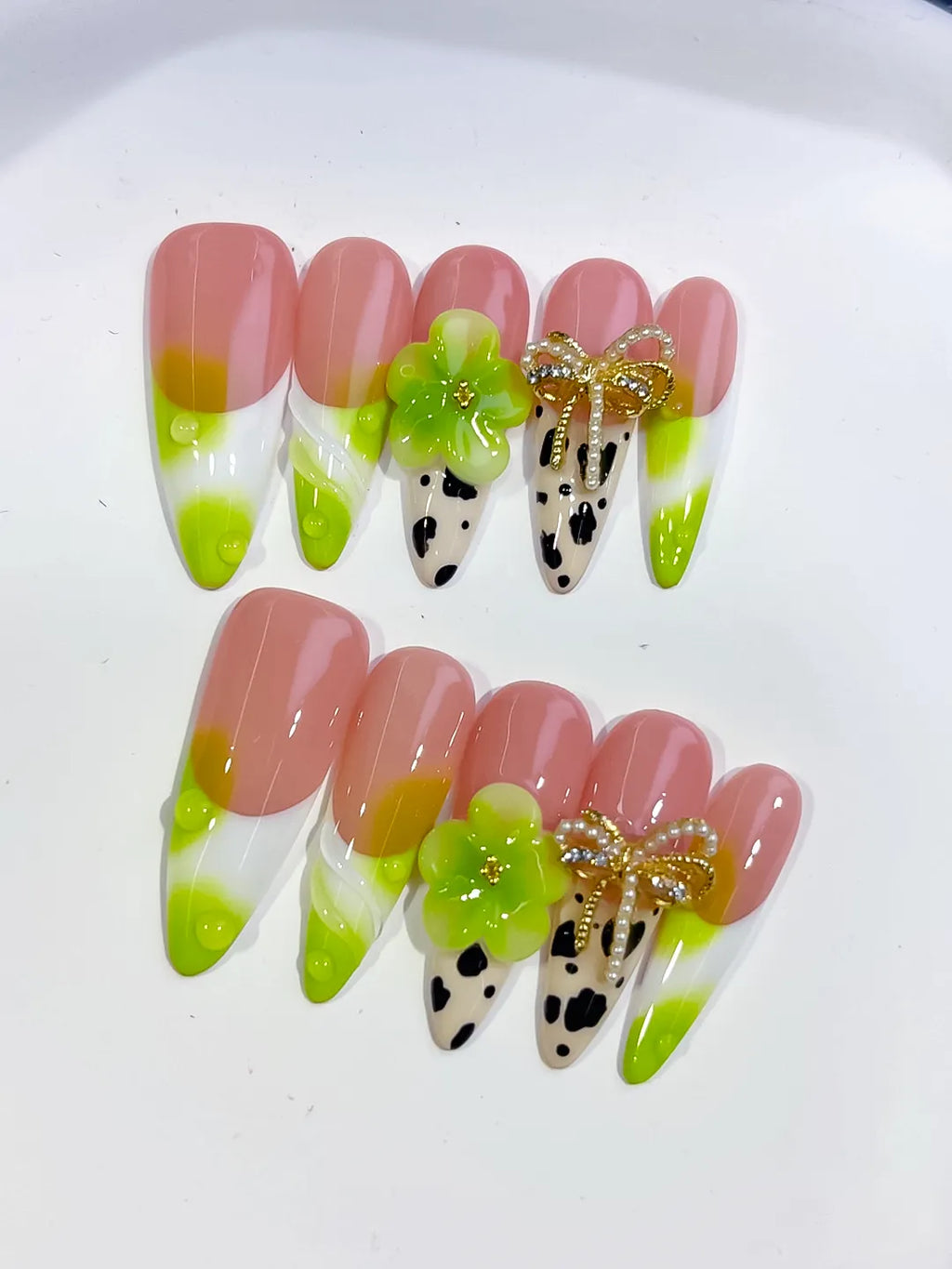 D569 - Long Nude Green Almond French tip Flower Bow