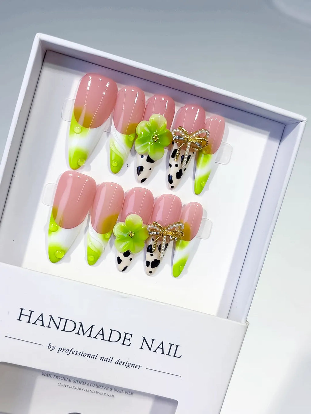 D569 - Long Nude Green Almond French tip Flower Bow