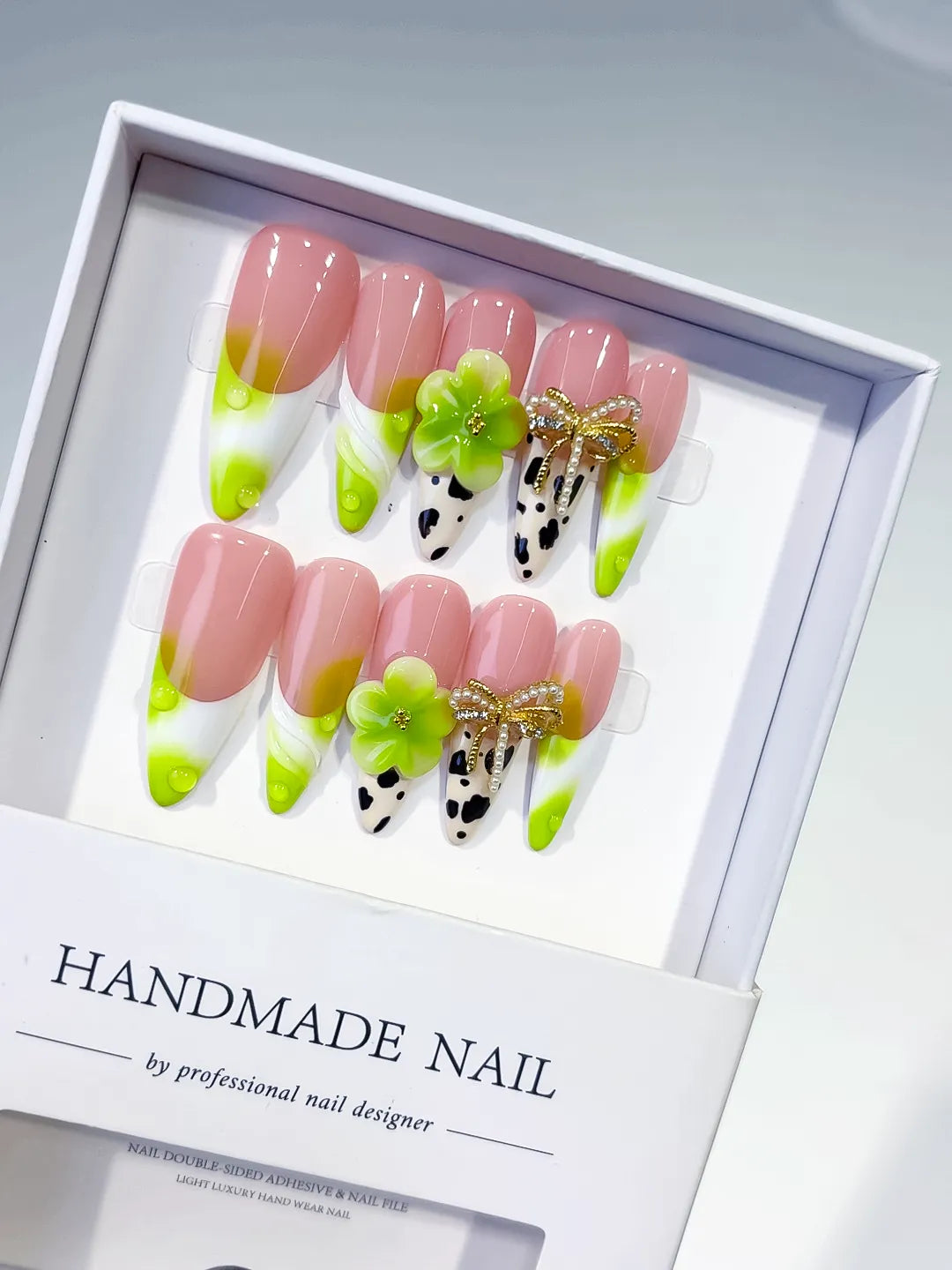 D569 - Long Nude Green Almond French tip Flower Bow