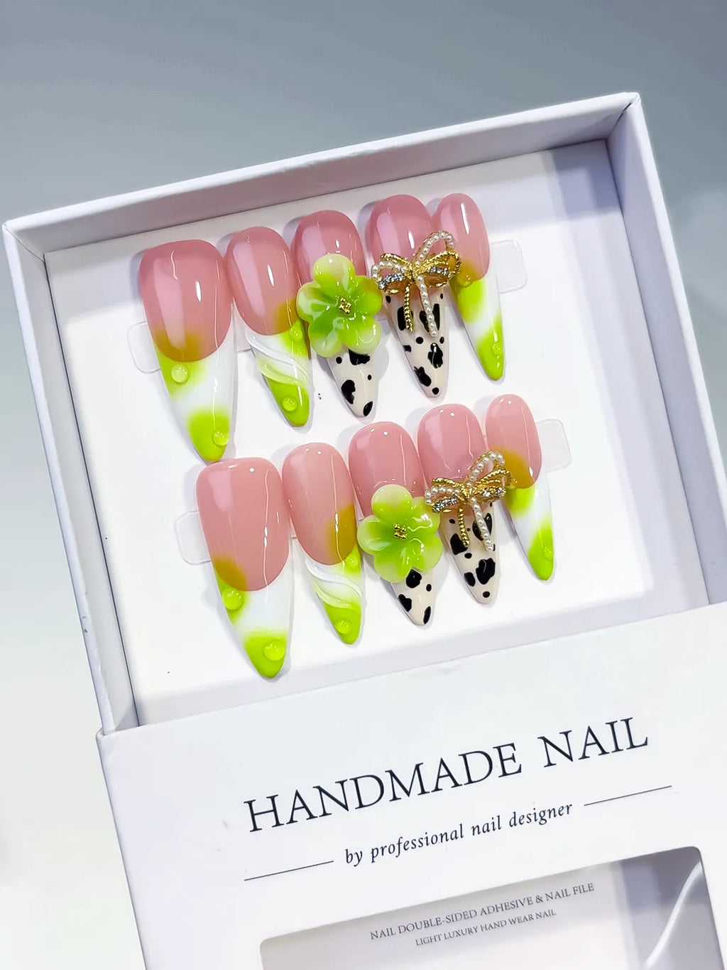 D569 - Long Nude Green Almond French tip Flower Bow