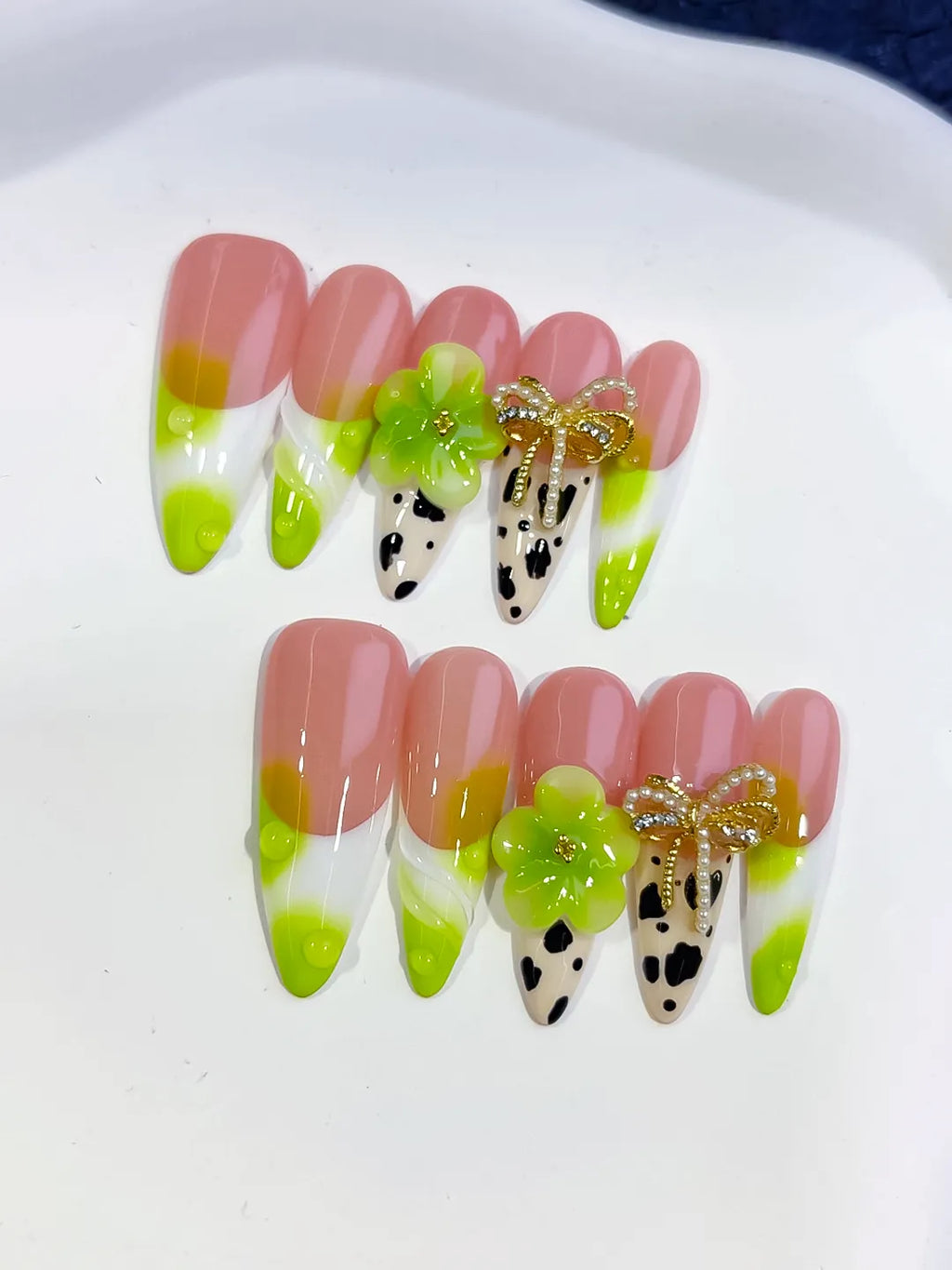 D569 - Long Nude Green Almond French tip Flower Bow