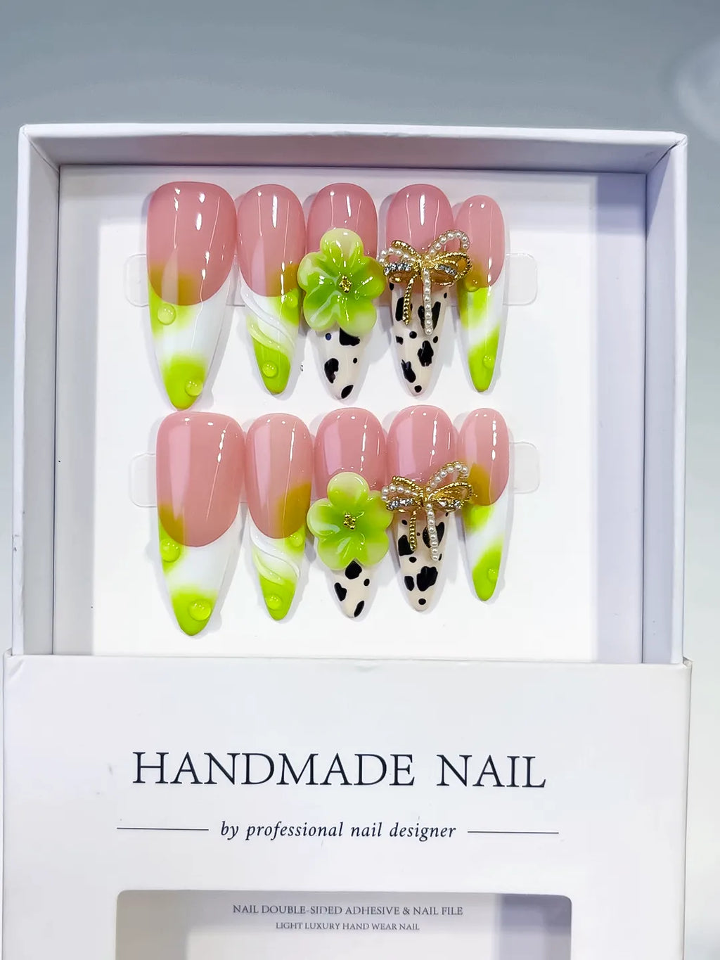 D569 - Long Nude Green Almond French tip Flower Bow