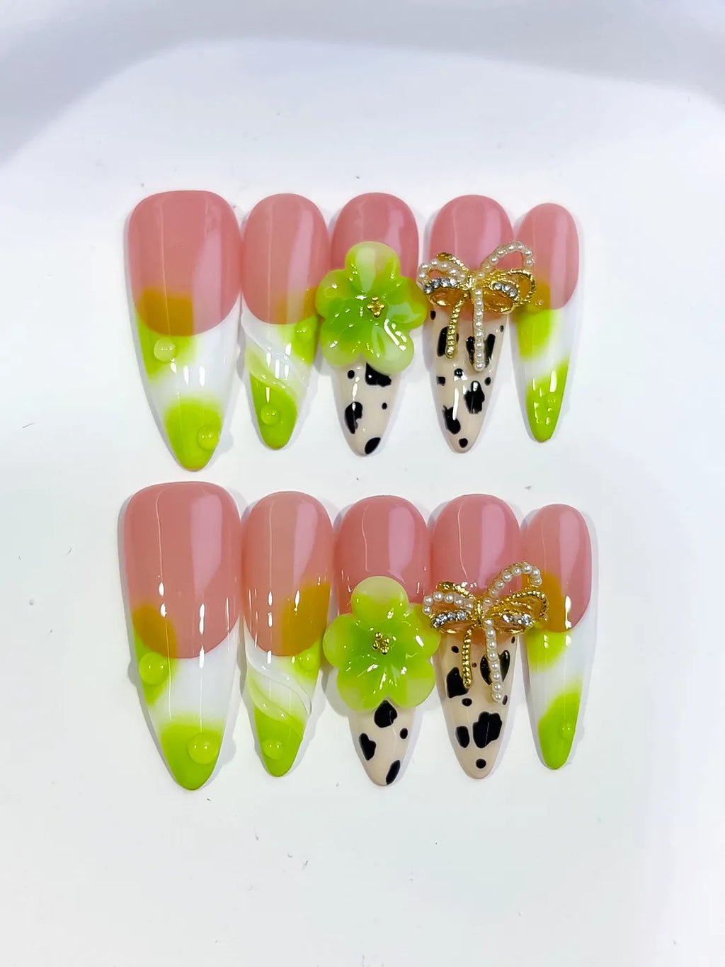 D569 - Long Nude Green Almond French tip Flower Bow