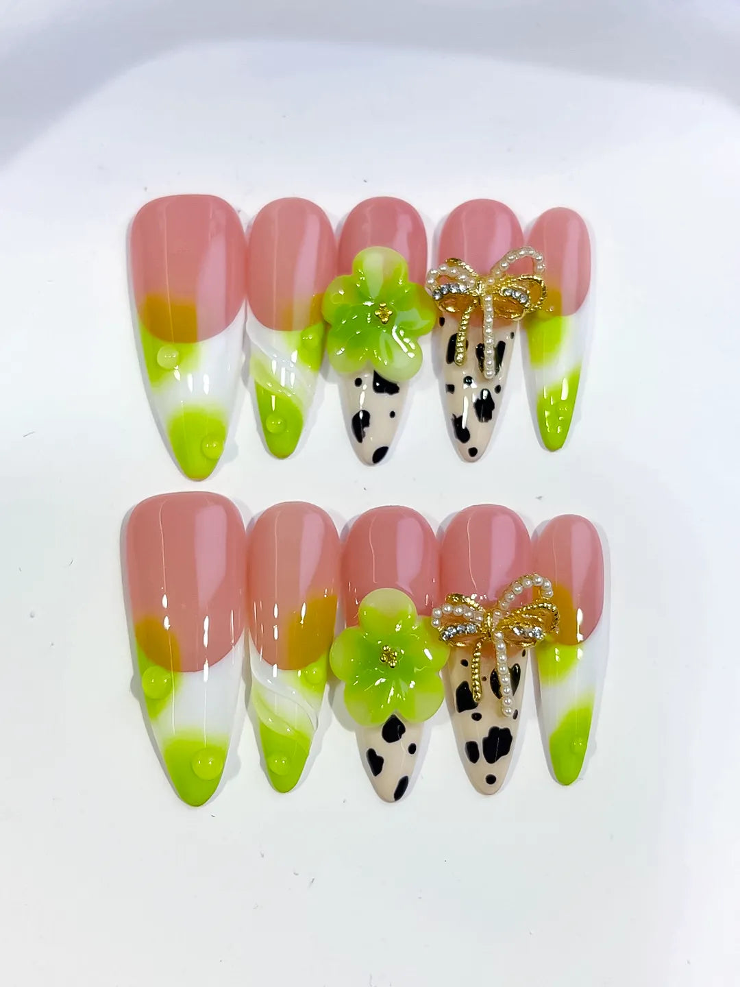 D569 - Long Nude Green Almond French tip Flower Bow