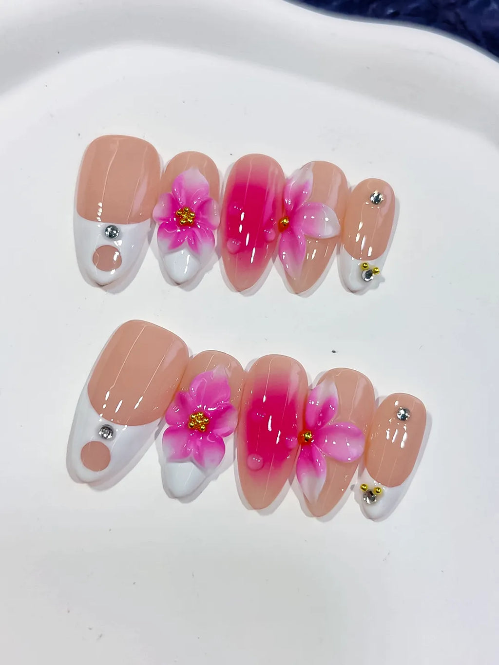 D572 - Medium Nude Pink Almond French tip Flower Rhinestone