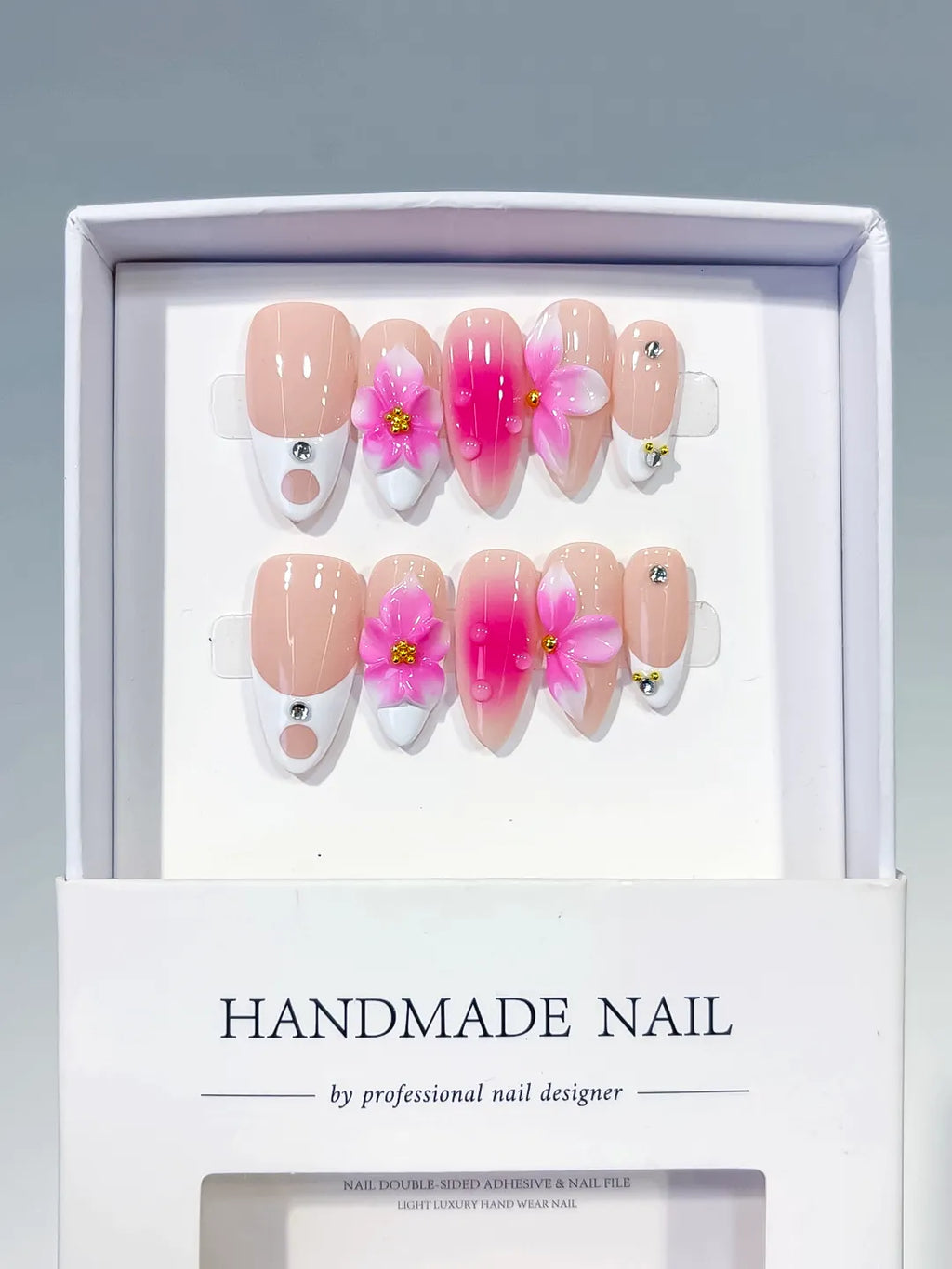 D572 - Medium Nude Pink Almond French tip Flower Rhinestone