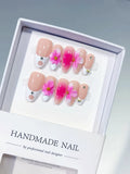 D572 - Medium Nude Pink Almond French tip Flower Rhinestone