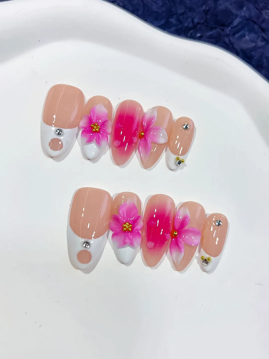 D572 - Medium Nude Pink Almond French tip Flower Rhinestone VibeNailsLab