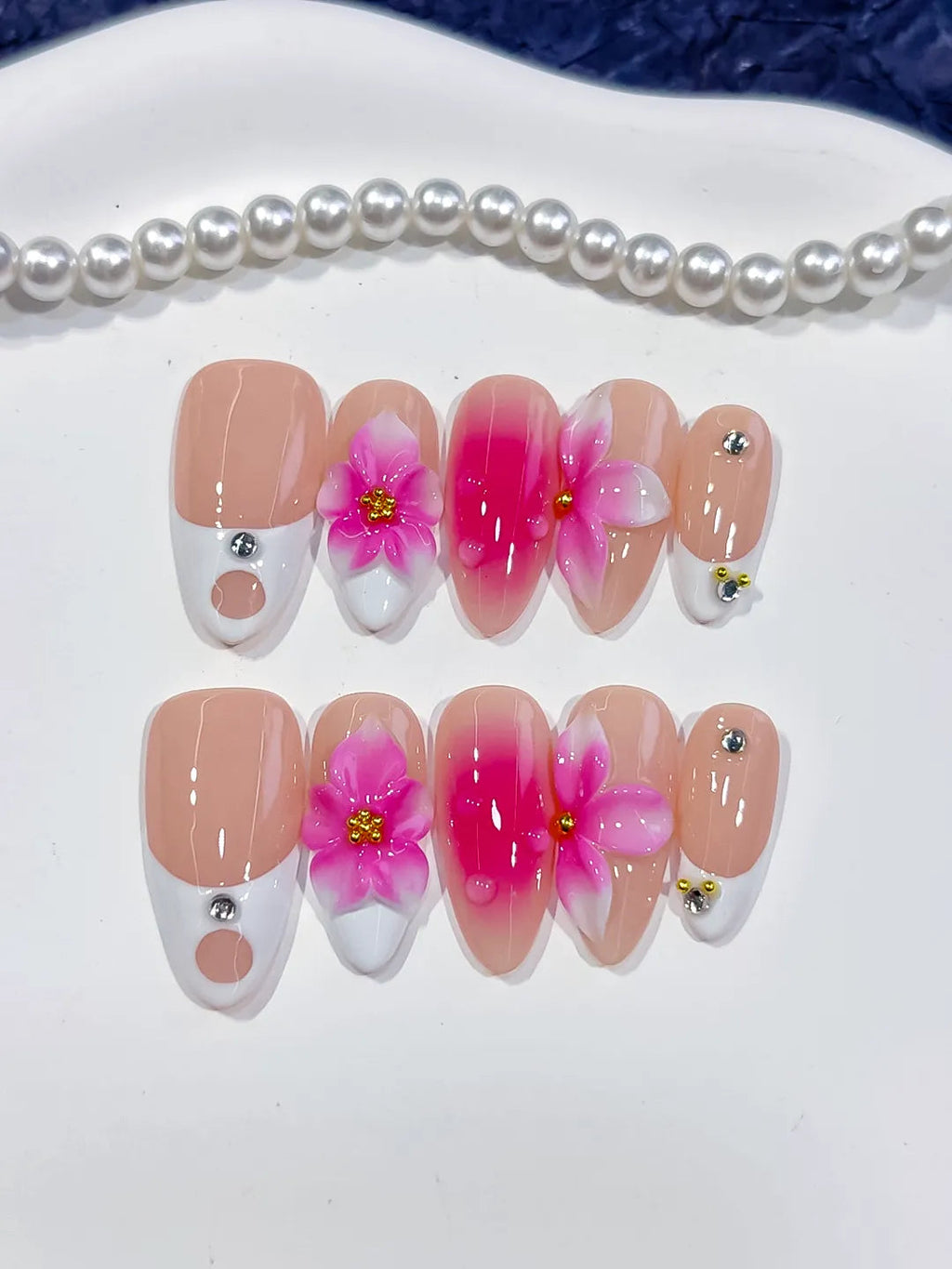 D572 - Medium Nude Pink Almond French tip Flower Rhinestone VibeNailsLab