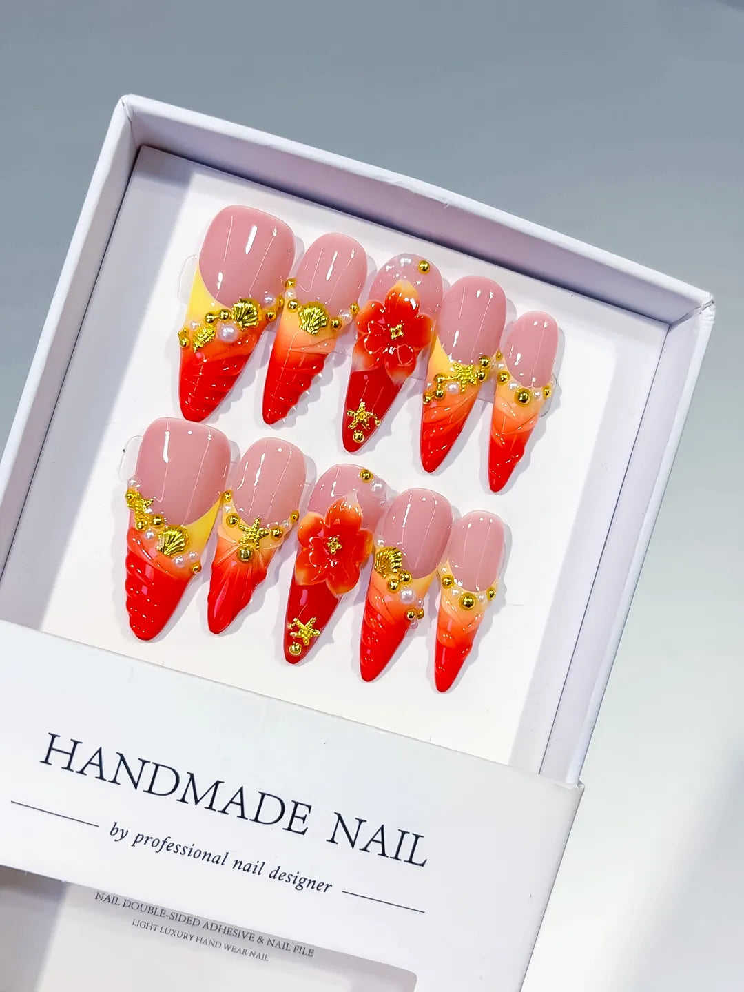 D573 - Long Nude Red Almond French tip Flower Metallic Charm