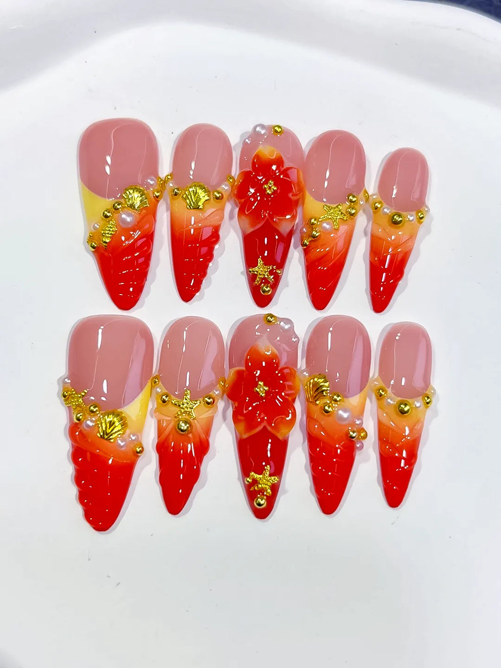 D573 - Long Nude Red Almond French tip Flower Metallic Charm
