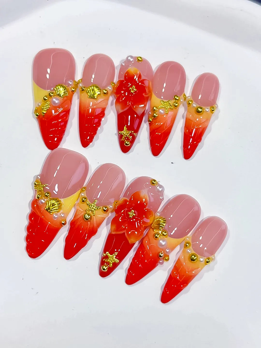 D573 - Long Nude Red Almond French tip Flower Metallic Charm