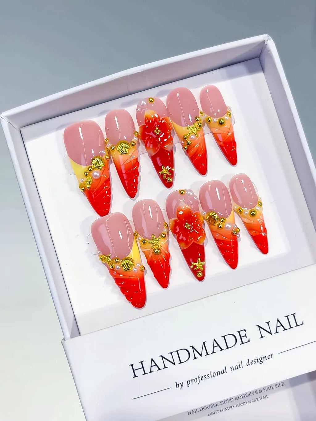 D573 - Long Nude Red Almond French tip Flower Metallic Charm