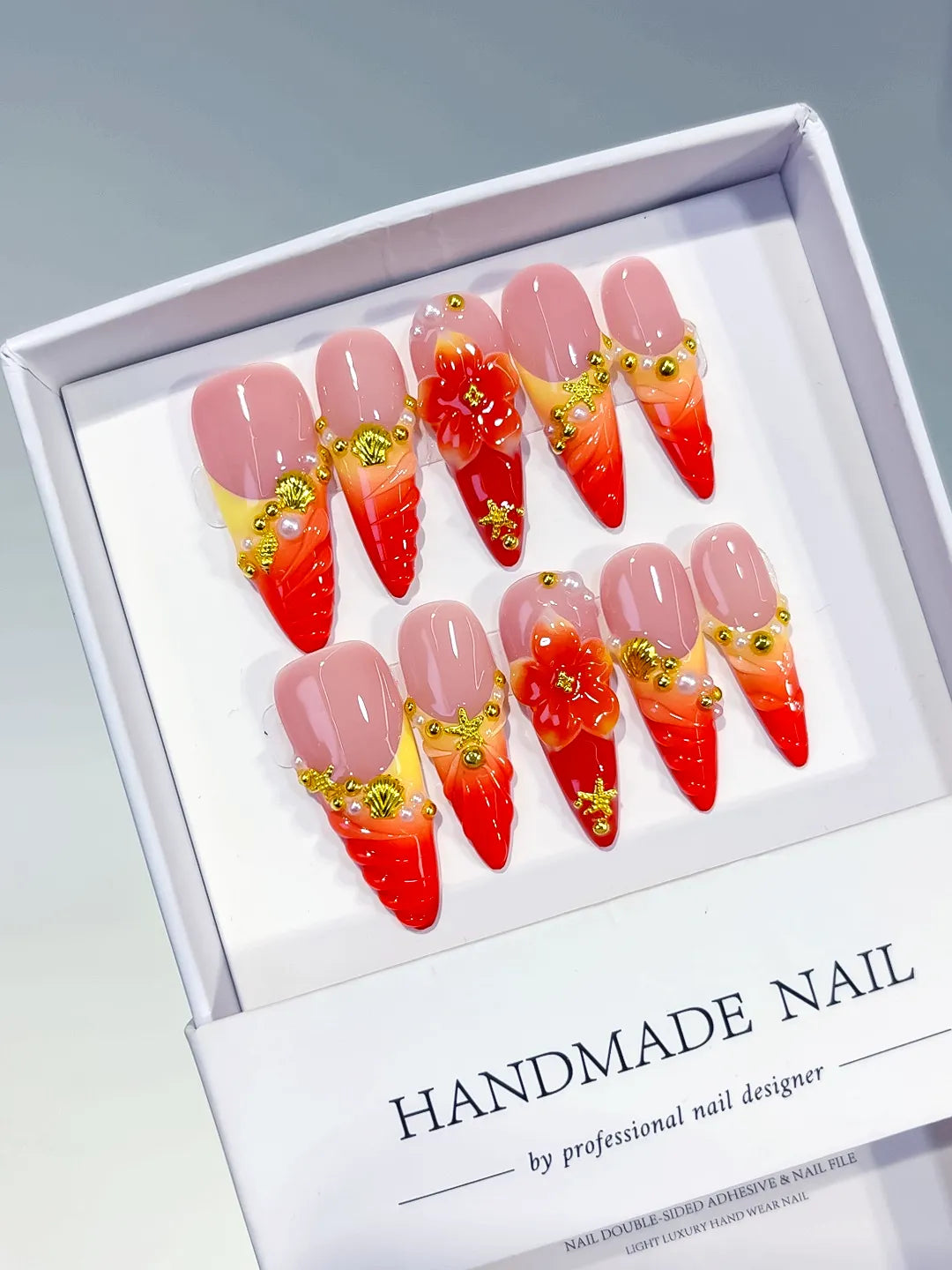 D573 - Long Nude Red Almond French tip Flower Metallic Charm
