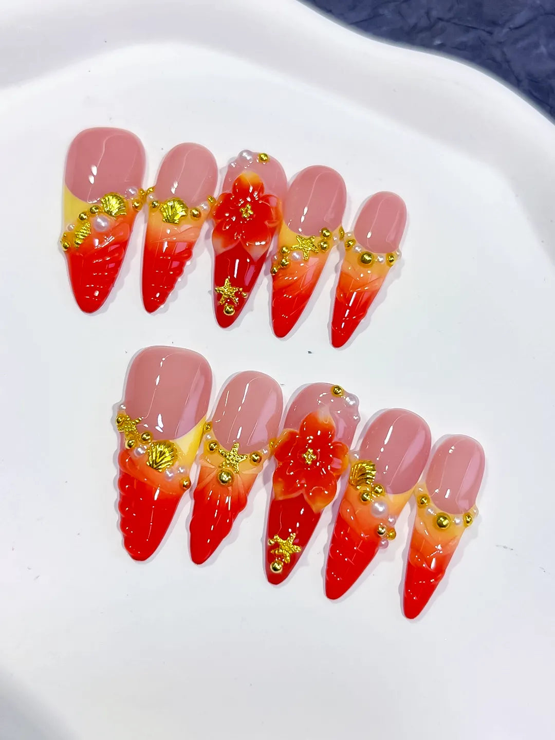 D573 - Long Nude Red Almond French tip Flower Metallic Charm