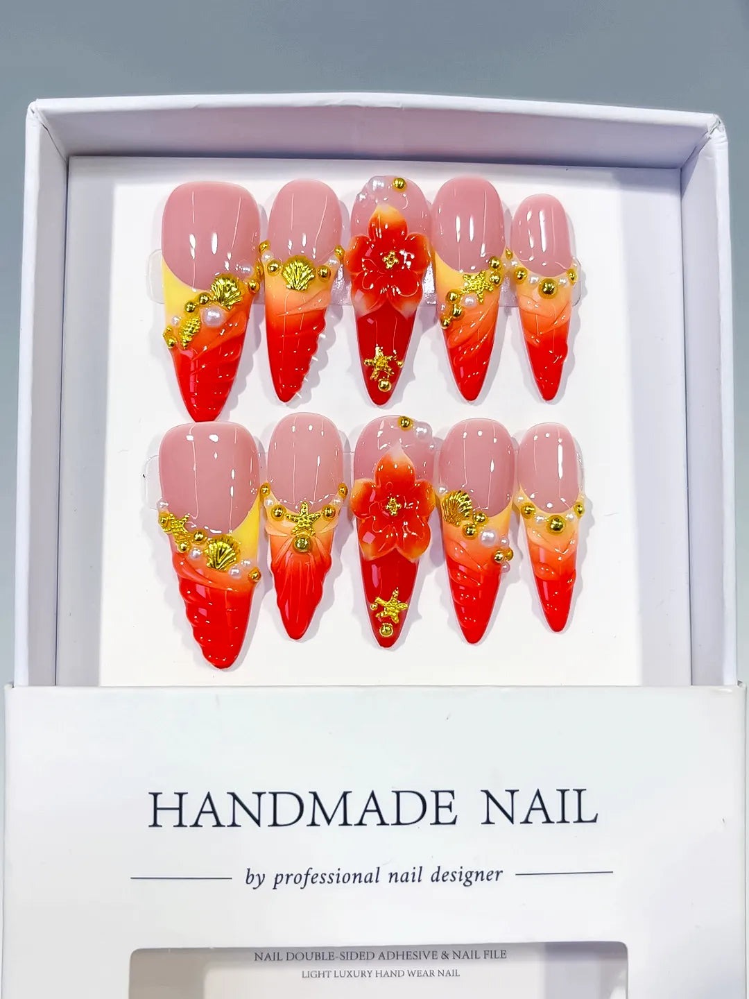 D573 - Long Nude Red Almond French tip Flower Metallic Charm