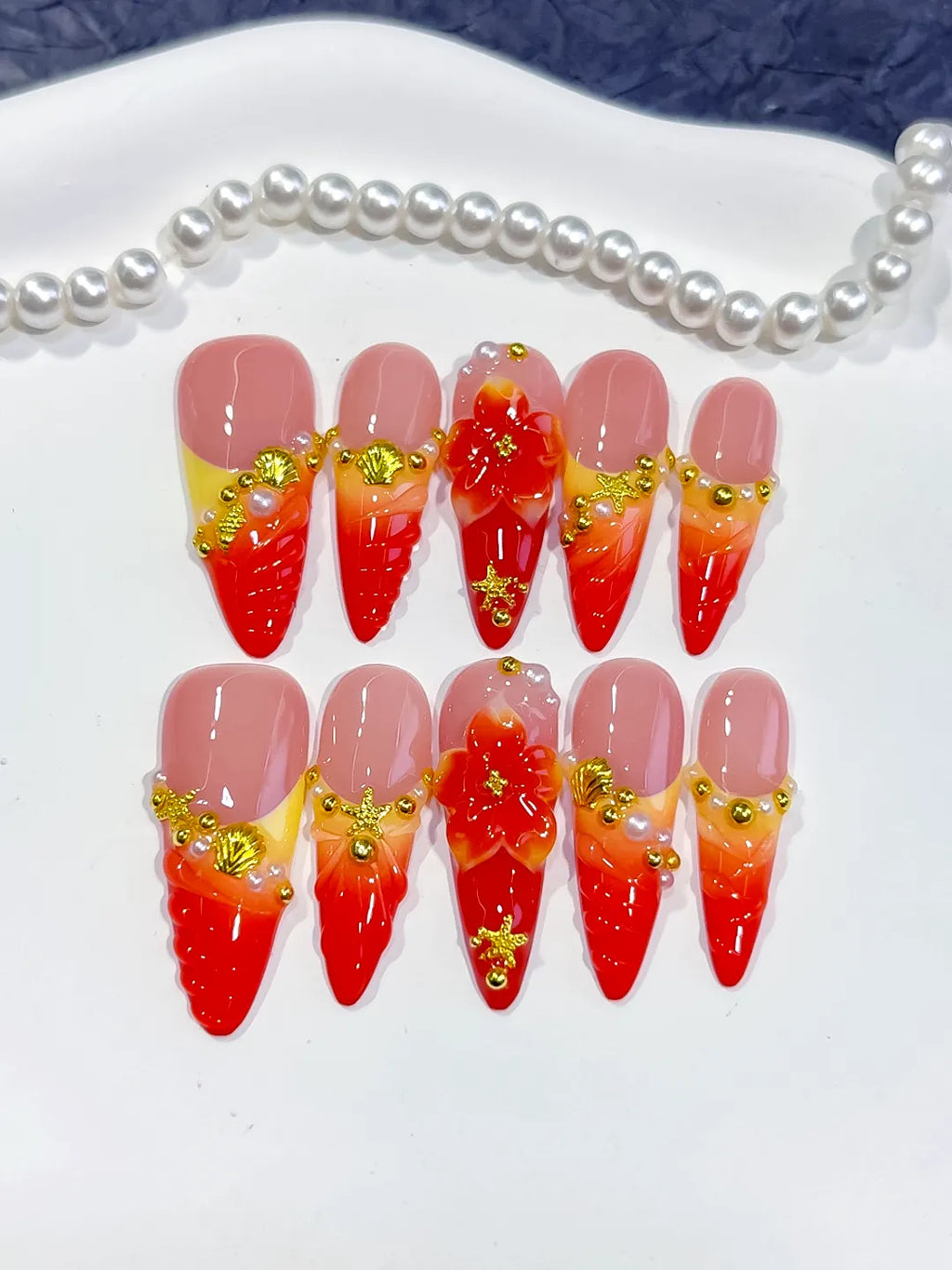 D573 - Long Nude Red Almond French tip Flower Metallic Charm
