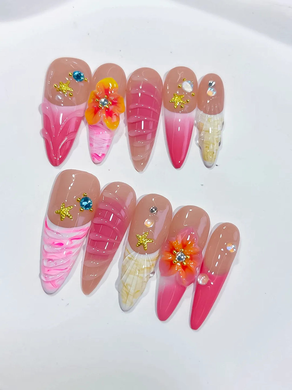D574 - Medium Nude Pink Almond Abstract Flower Star