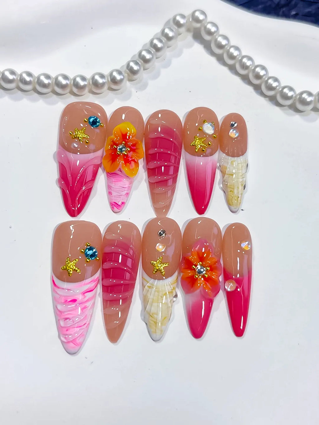 D574 - Medium Nude Pink Almond Abstract Flower Star