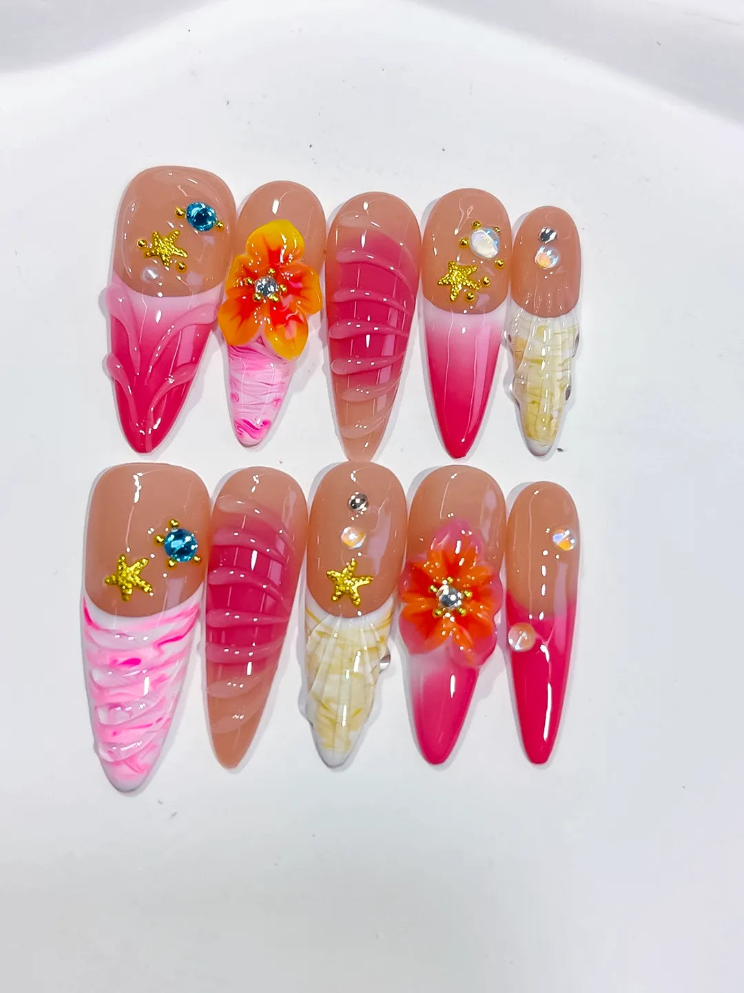 D574 - Medium Nude Pink Almond Abstract Flower Star
