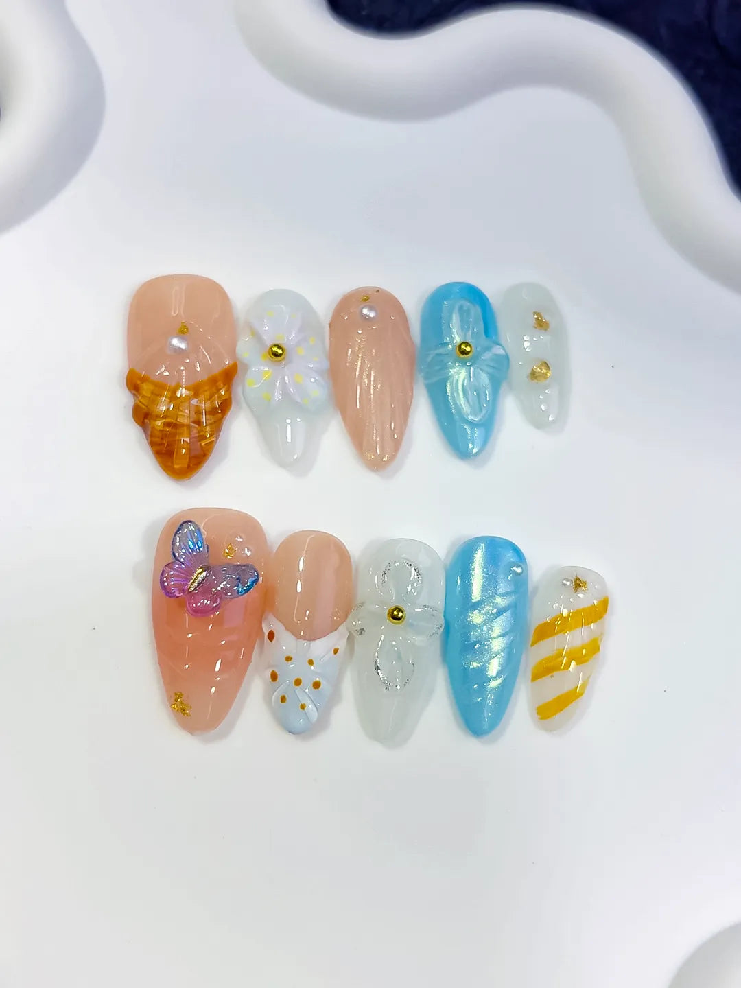 D575 - Medium Nude White Almond Abstract Flower Butterfly VibeNailsLab