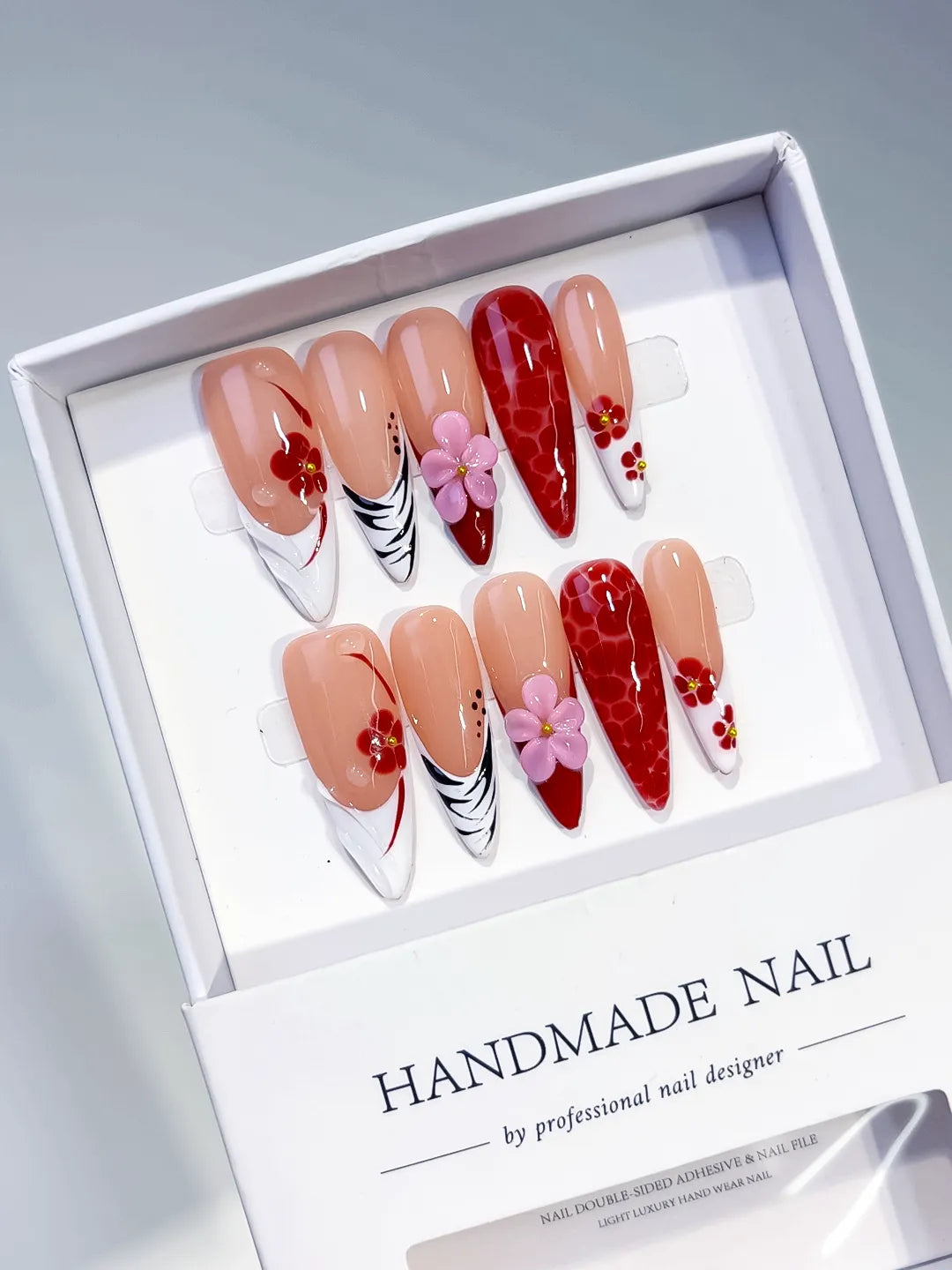 D577 - Long Nude Red Almond Abstract Flower Animal Print VibeNailsLab