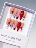 D577 - Long Nude Red Almond Abstract Flower Animal Print VibeNailsLab
