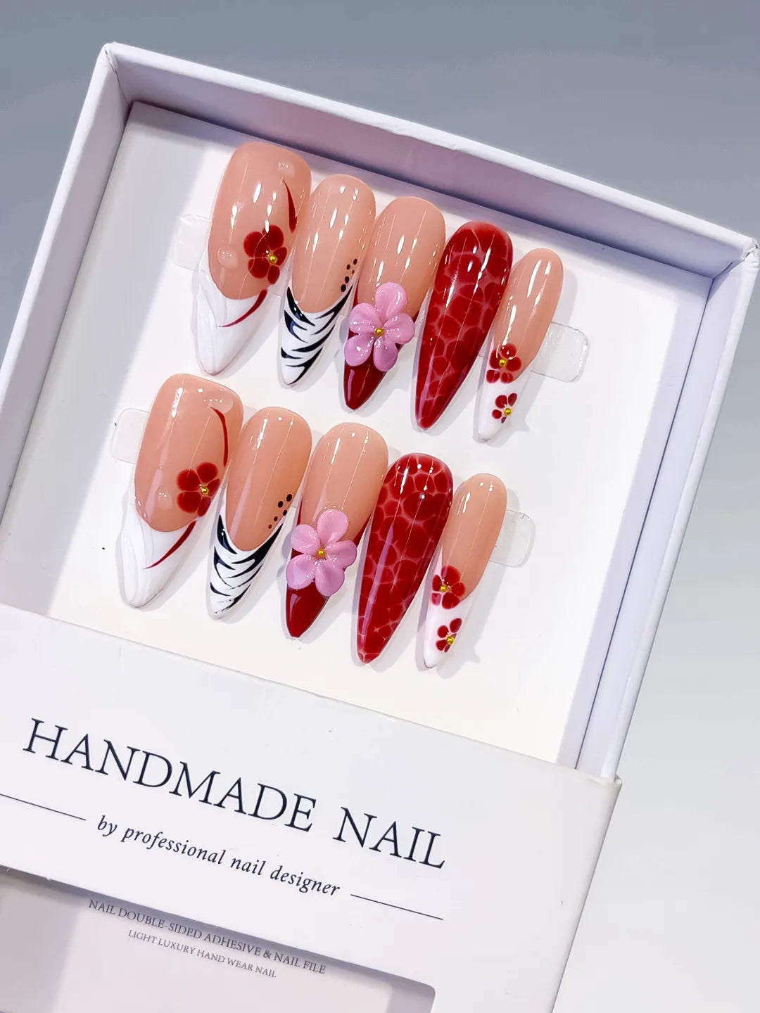 D577 - Long Nude Red Almond Abstract Flower Animal Print VibeNailsLab