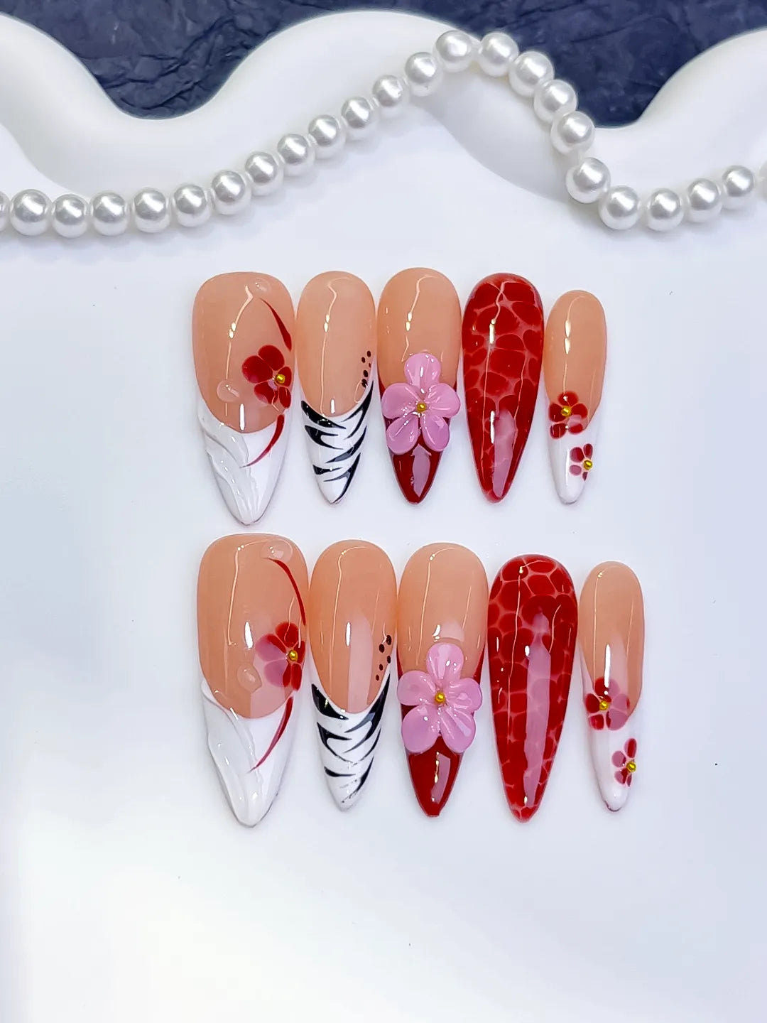 D577 - Long Nude Red Almond Abstract Flower Animal Print VibeNailsLab