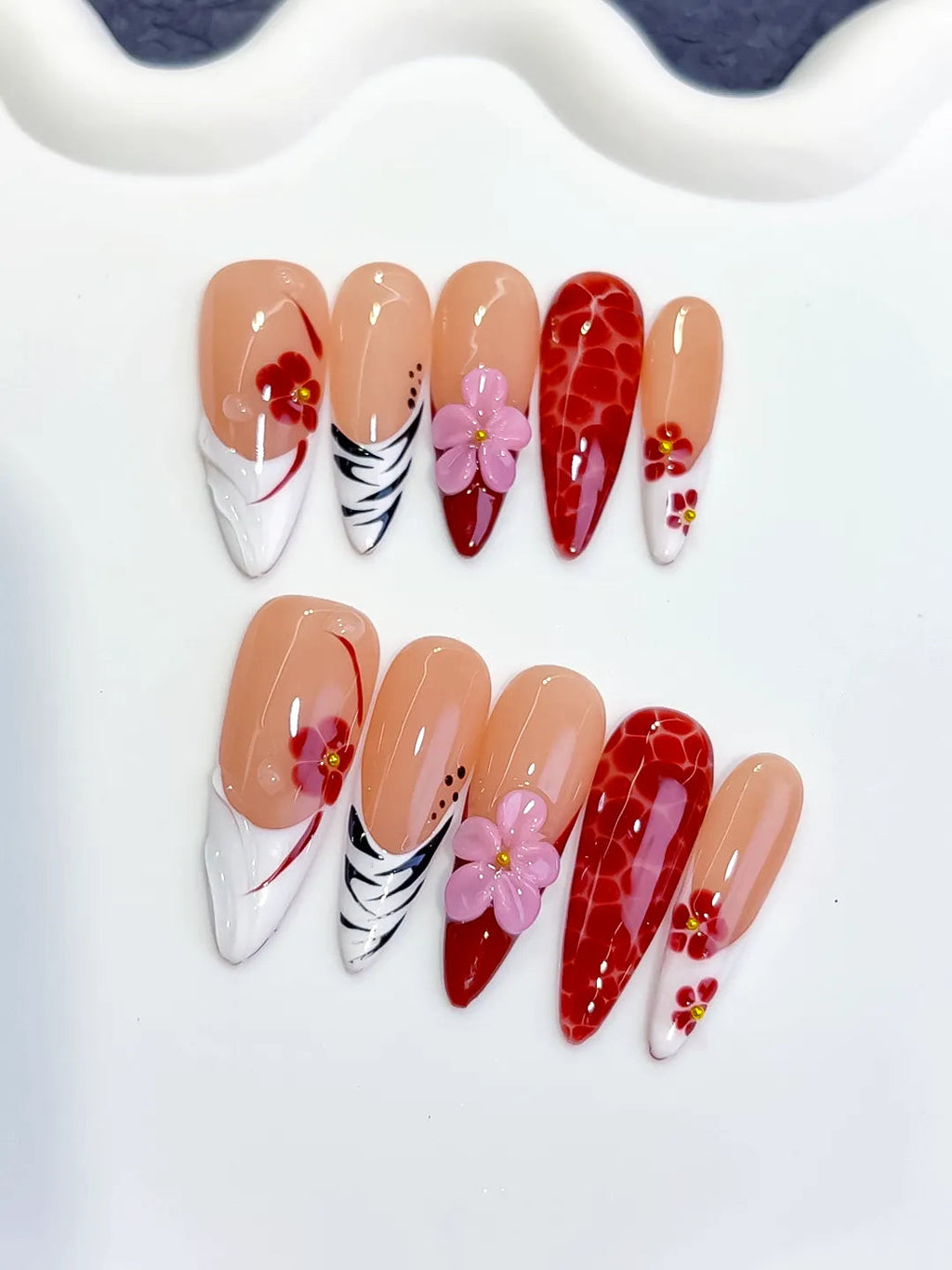 D577 - Long Nude Red Almond Abstract Flower Animal Print VibeNailsLab