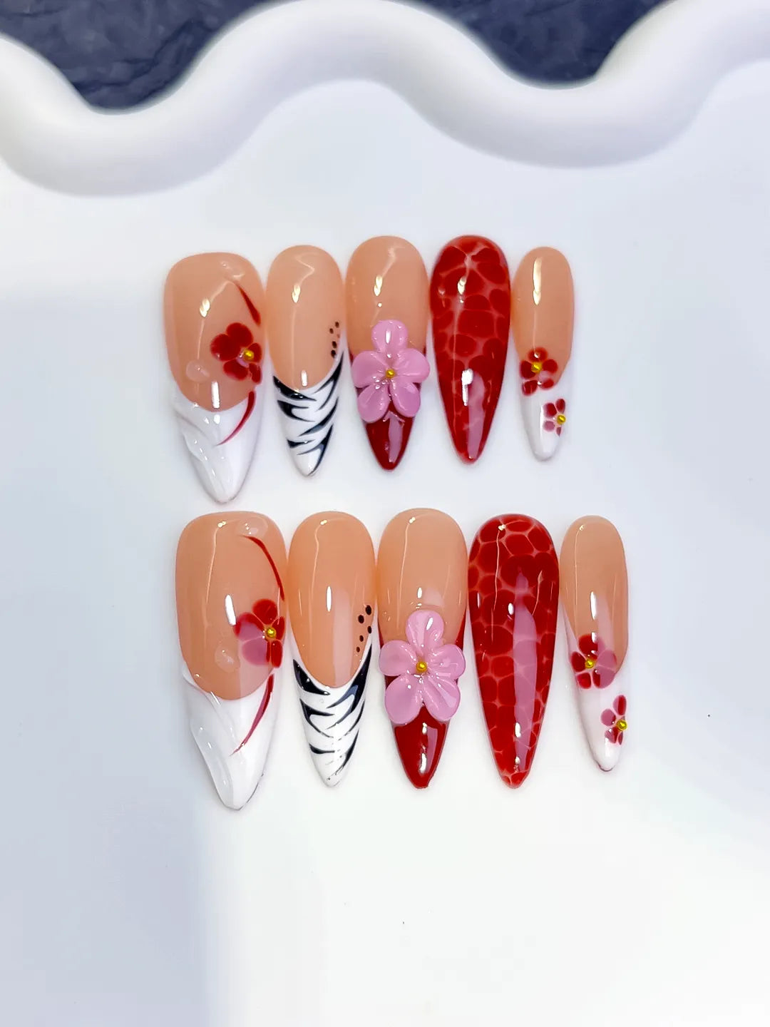 D577 - Long Nude Red Almond Abstract Flower Animal Print VibeNailsLab