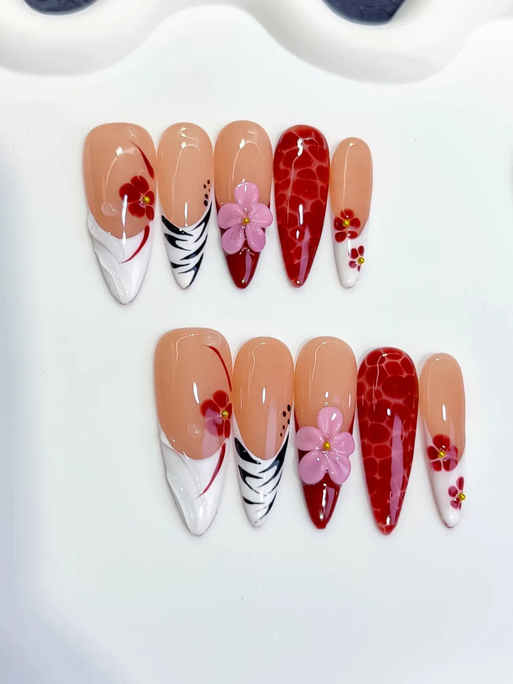 D577 - Long Nude Red Almond Abstract Flower Animal Print VibeNailsLab