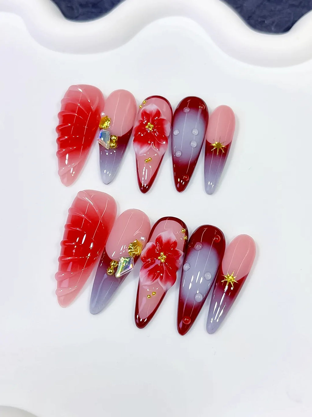 D578 - Long Pink Red Almond Ombre Flower Shell