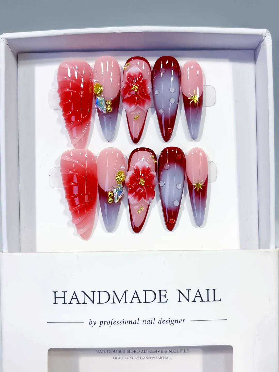 D578 - Long Pink Red Almond Ombre Flower Shell