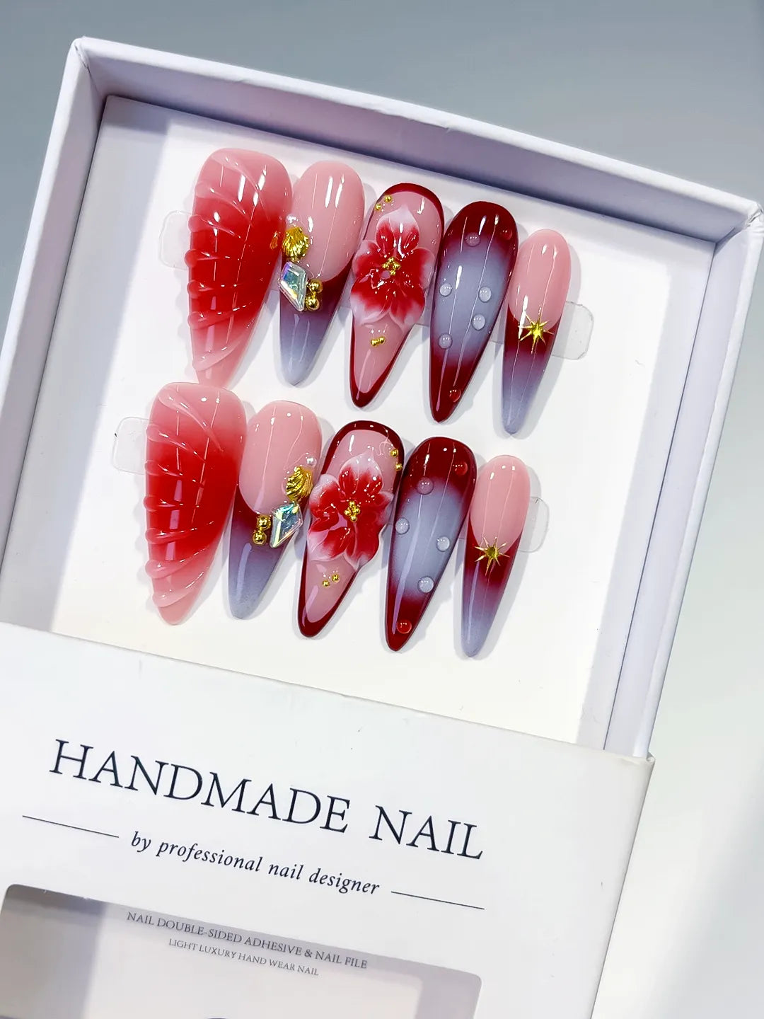 D578 - Long Pink Red Almond Ombre Flower Shell