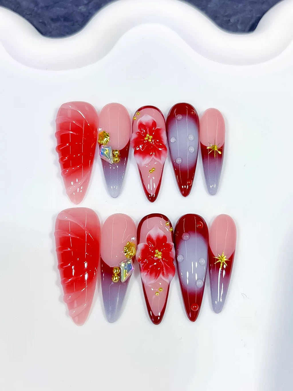 D578 - Long Pink Red Almond Ombre Flower Shell