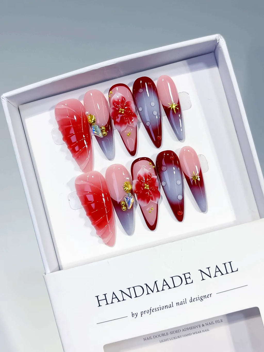 D578 - Long Pink Red Almond Ombre Flower Shell
