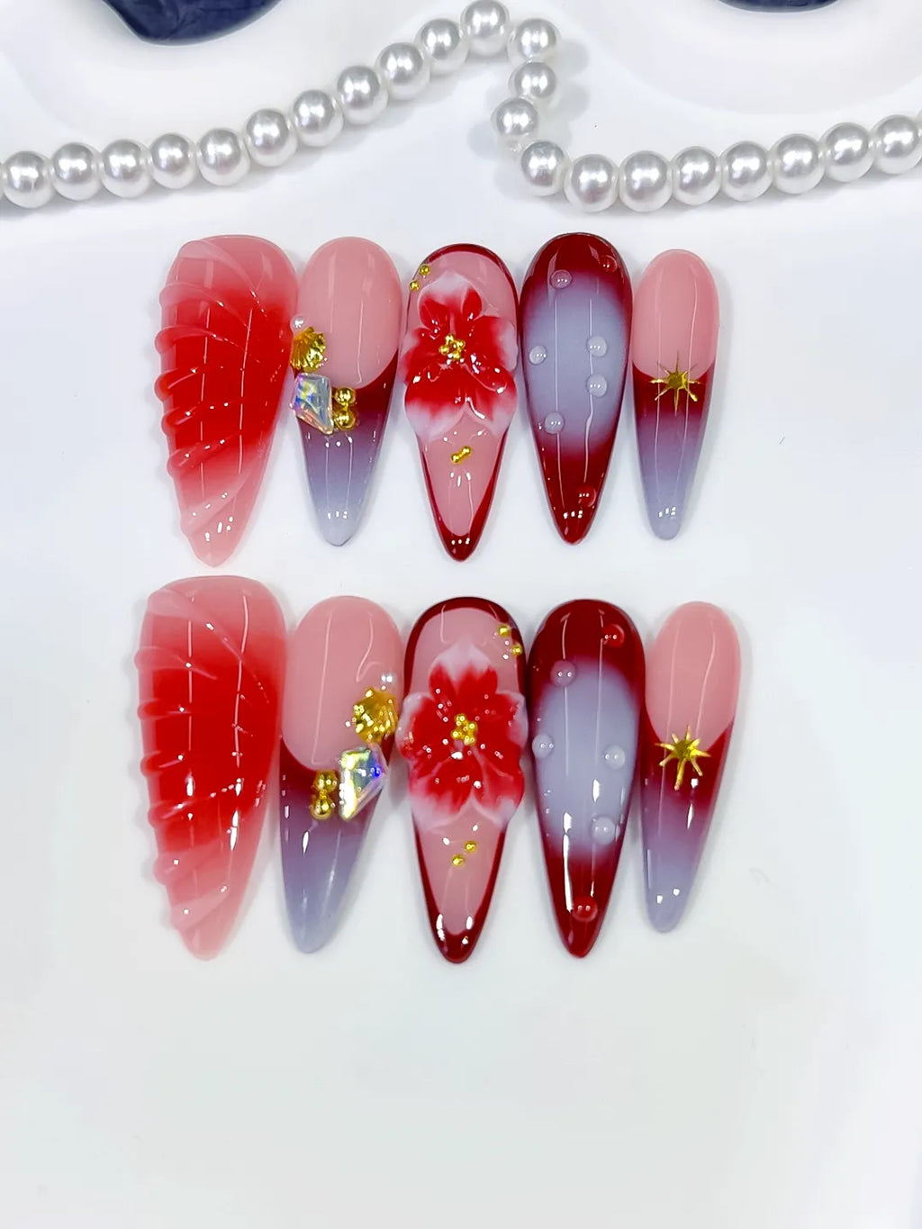 D578 - Long Pink Red Almond Ombre Flower Shell
