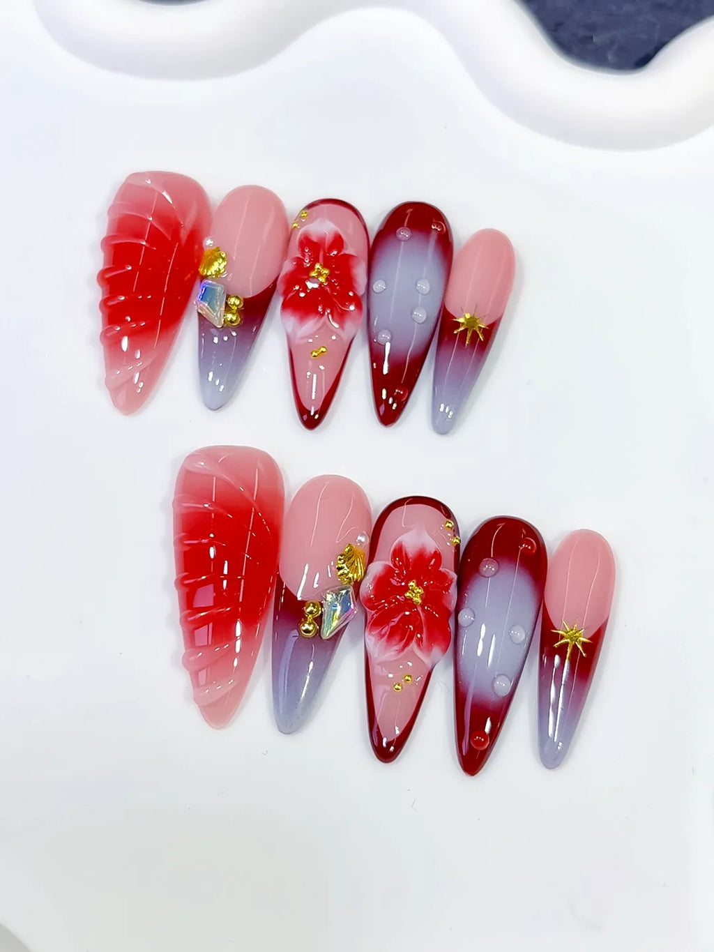 D578 - Long Pink Red Almond Ombre Flower Shell