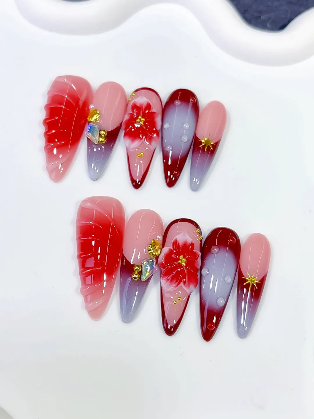 D578 - Long Pink Red Almond Ombre Flower Shell