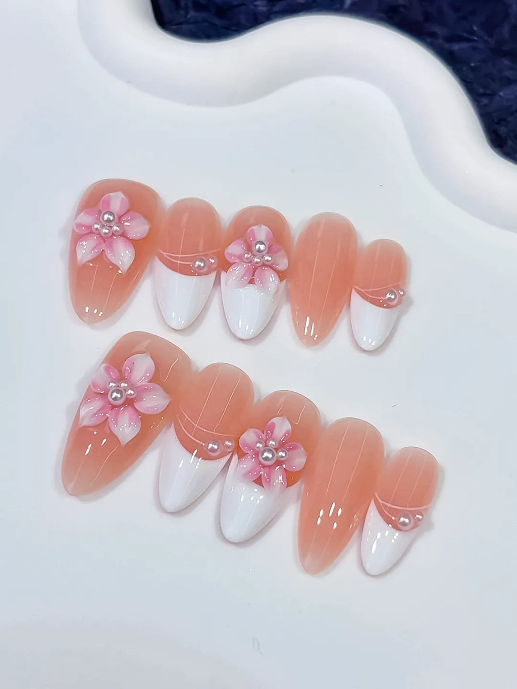 D579 - Medium Nude White Almond French tip Flower Pearl VibeNailsLab