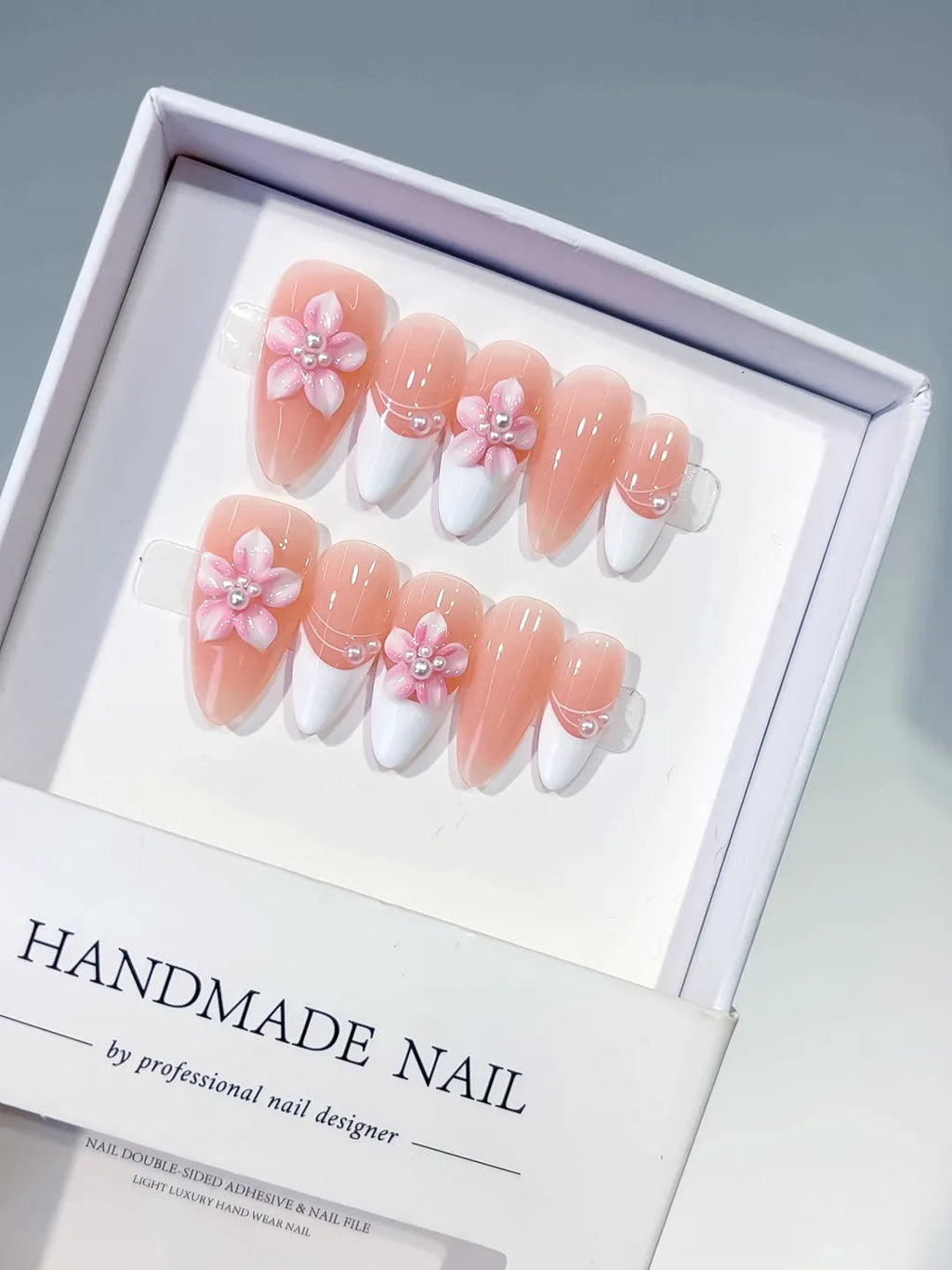 D579 - Medium Nude White Almond French tip Flower Pearl VibeNailsLab