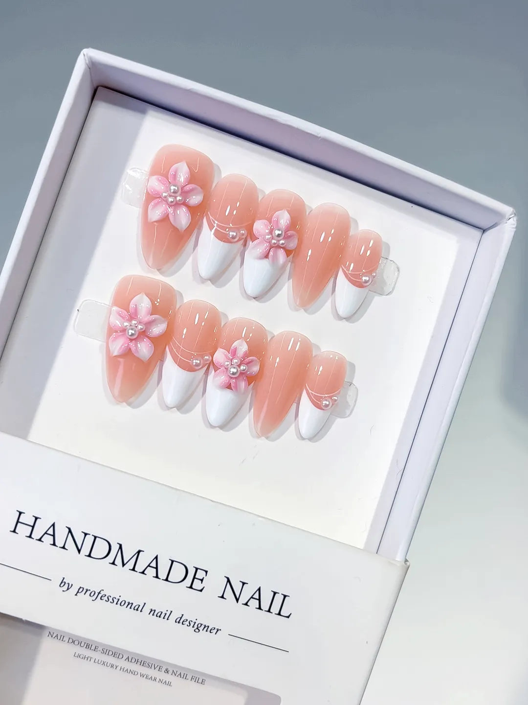 D579 - Medium Nude White Almond French tip Flower Pearl VibeNailsLab