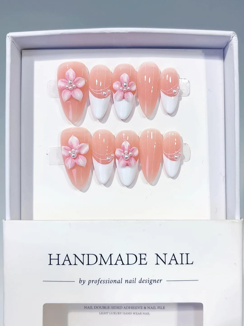 D579 - Medium Nude White Almond French tip Flower Pearl VibeNailsLab