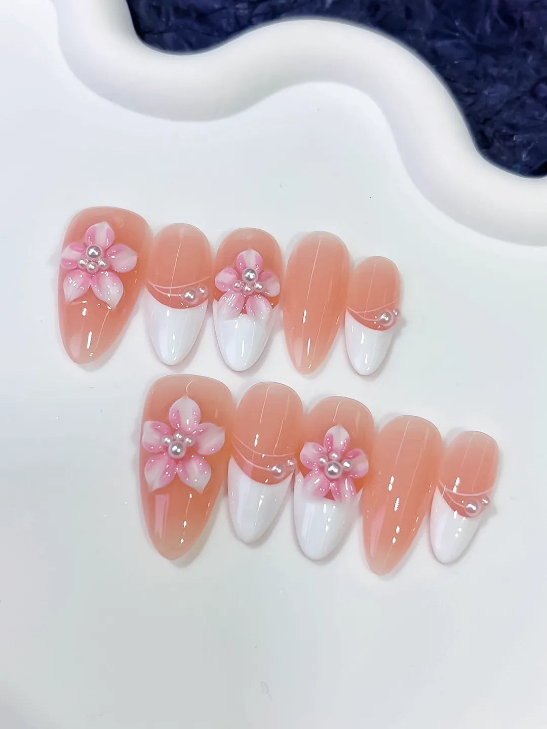 D579 - Medium Nude White Almond French tip Flower Pearl VibeNailsLab